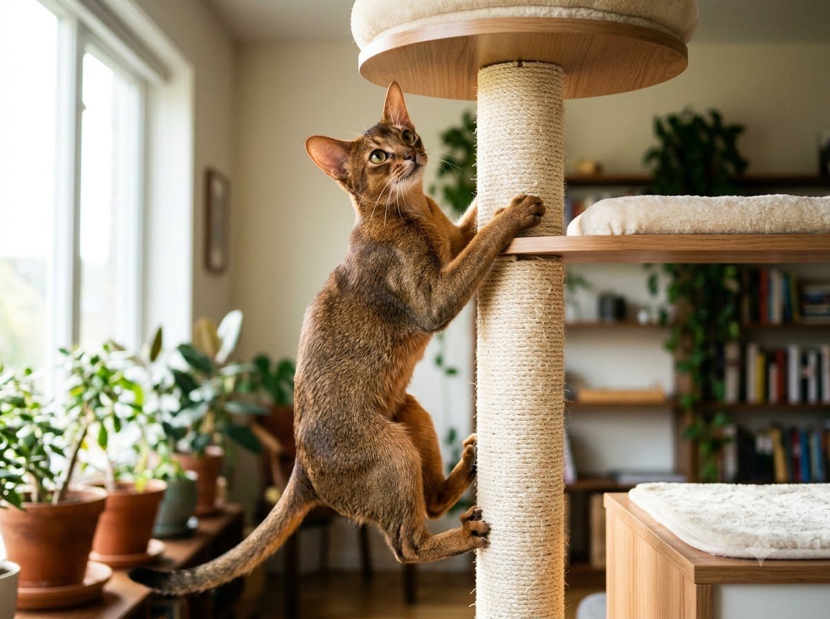 An Abyssinian cat climbing a cat tree indoors