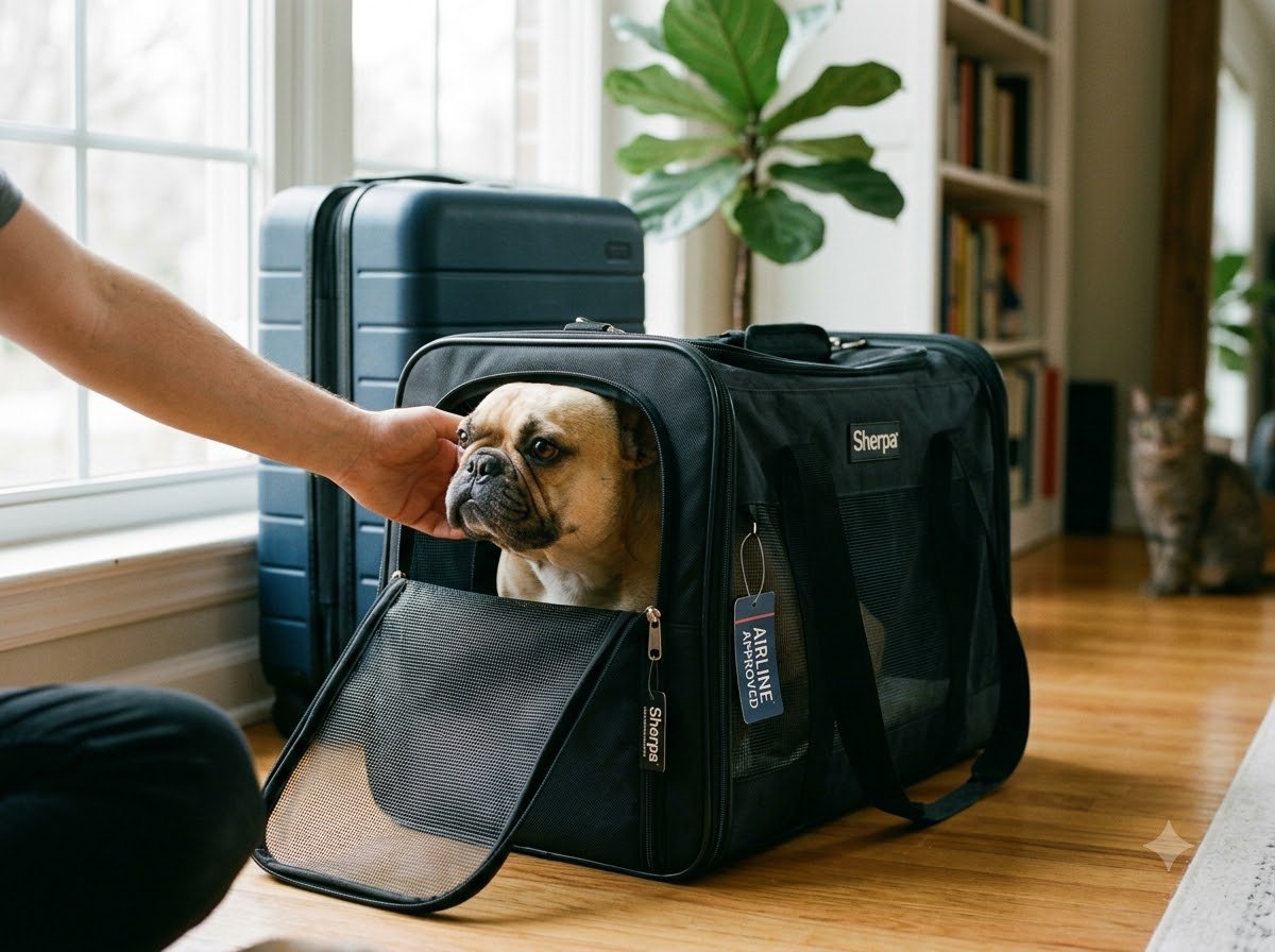 A small dog inside an airline-approved cabin carrier
