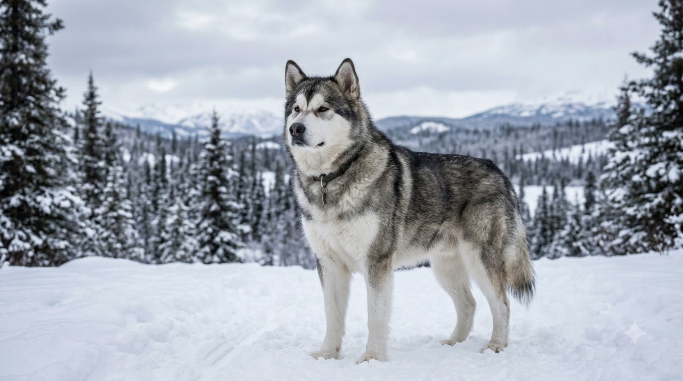 An Alaskan Malamute with a thick gray-and-white coat standing in snow