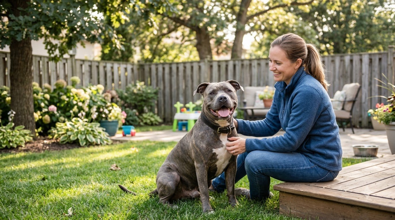 An American Bully sitting with its owner in a backyard