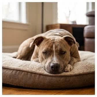 An American Pit Bull Terrier resting in a cozy indoor setting