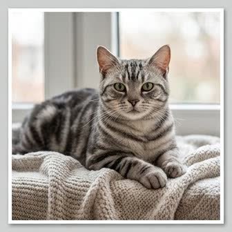 An American Shorthair resting in a cozy indoor setting