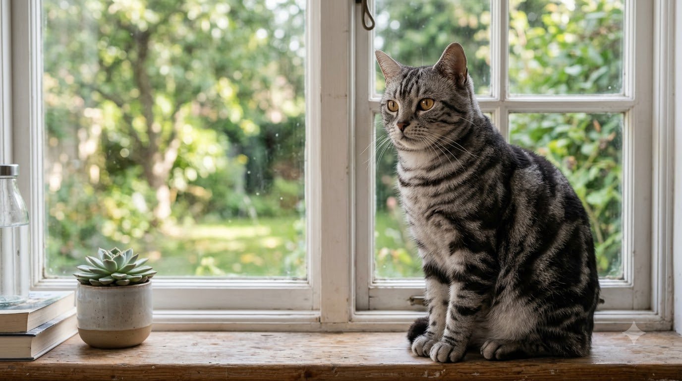 A silver tabby American Shorthair cat sitting indoors on a windowsill