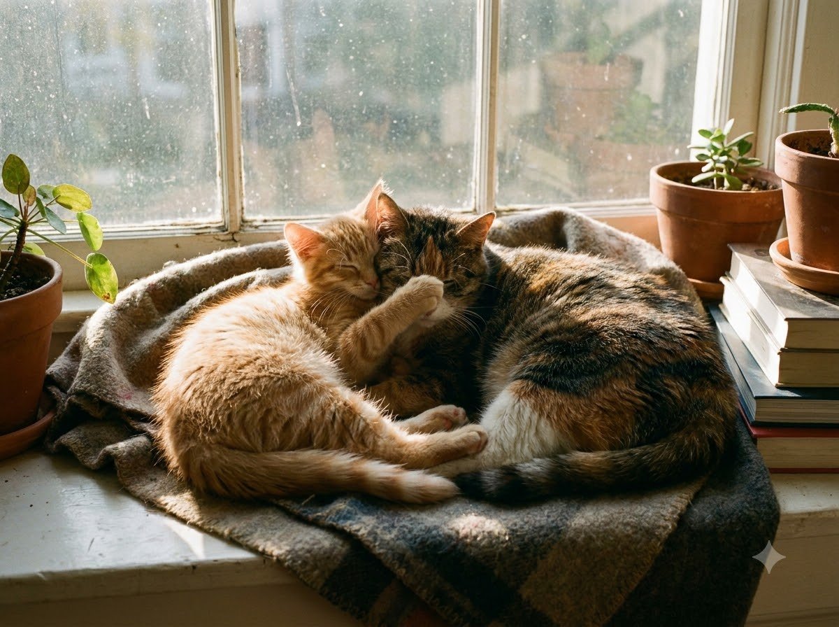 A kitten and a senior cat curled up together near a window