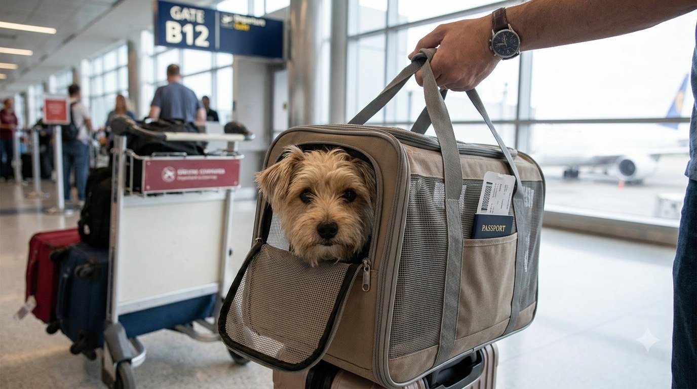 Pet travel carrier ready for an international flight