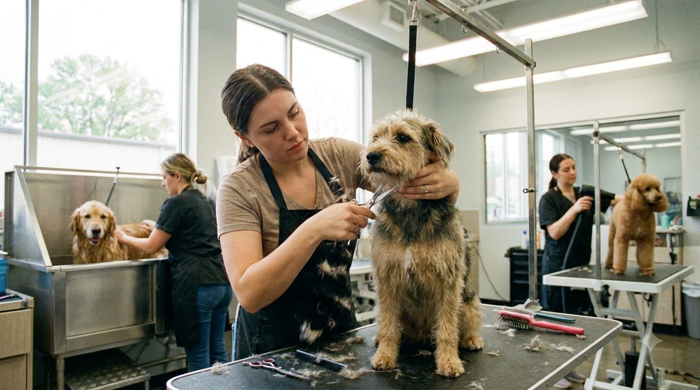 A dog being professionally groomed