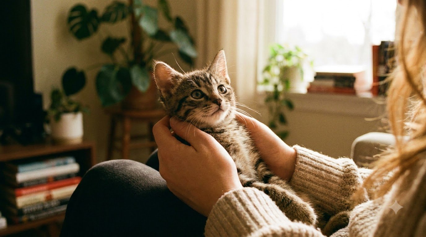 A kitten being gently handled and socialized with people and a carrier