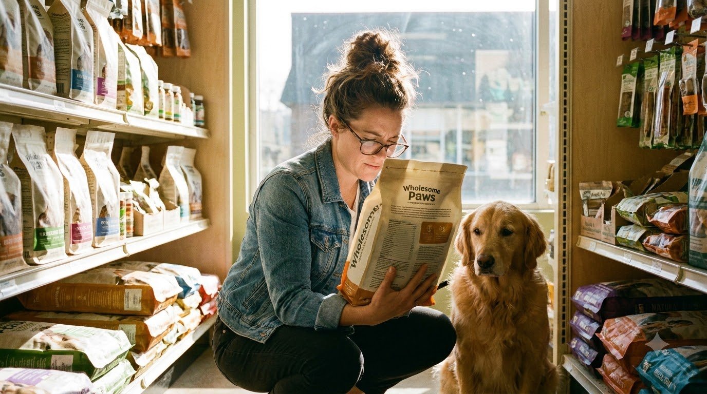 A pet parent reading the ingredient label on a bag of pet food