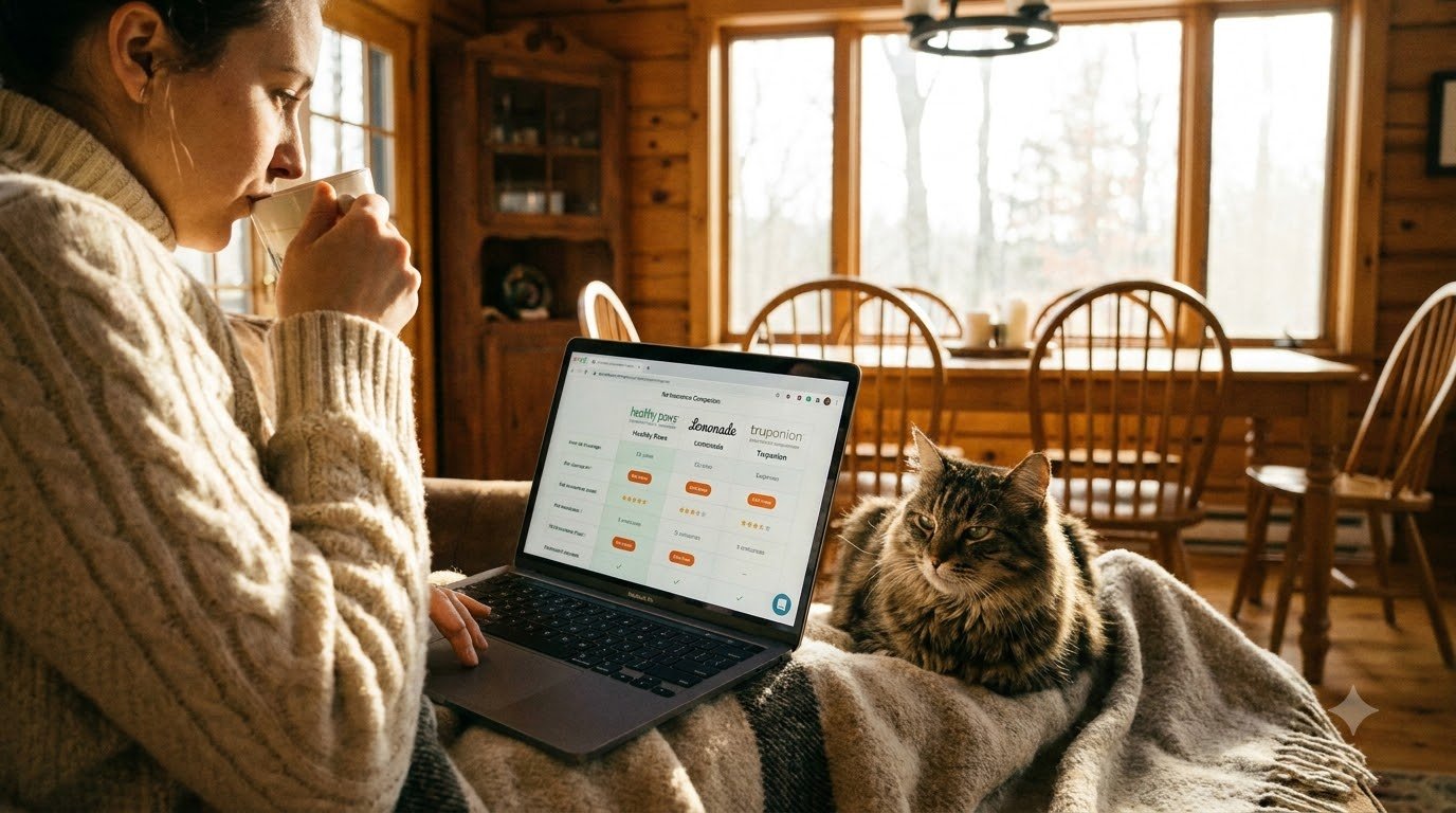 A pet parent comparing pet insurance plans on a laptop with a cat sitting nearby