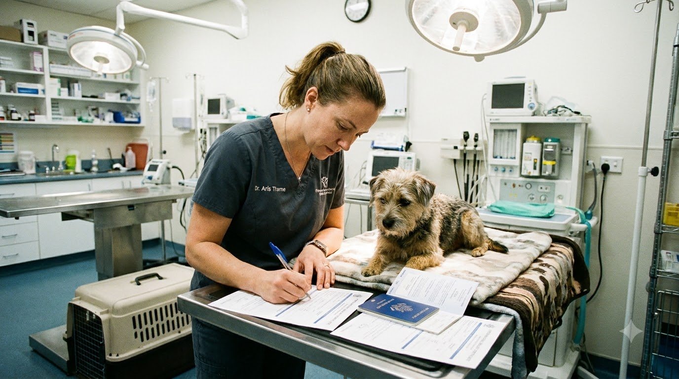 A veterinarian completing a health certificate for a dog ahead of international travel