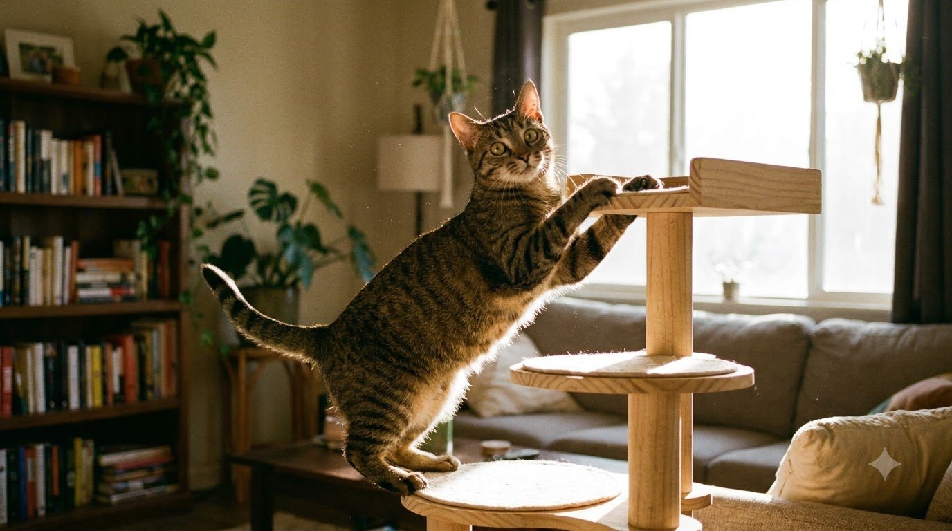 A young adult cat playing and climbing on an indoor cat tree