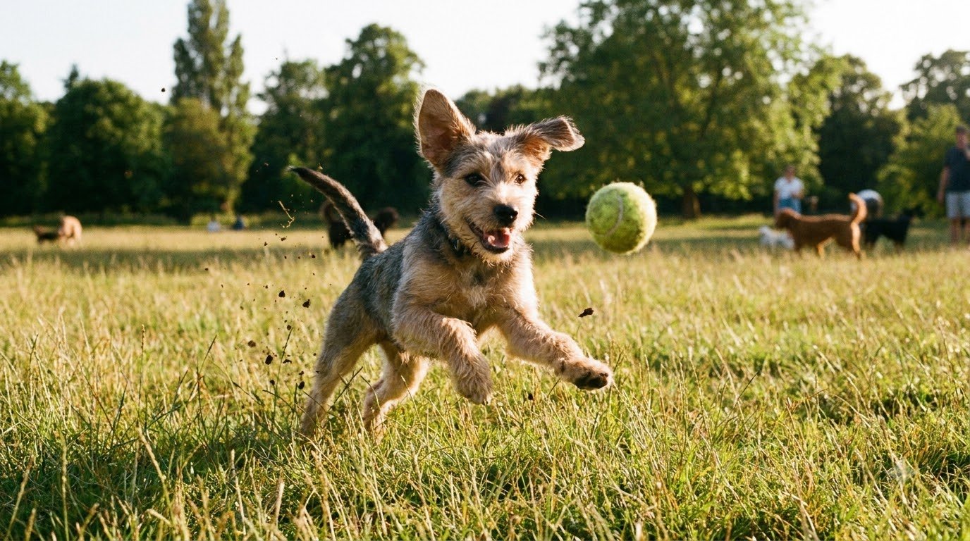 An active young adult dog running and playing outdoors