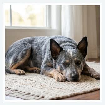 An Australian Cattle Dog resting in a cozy indoor setting