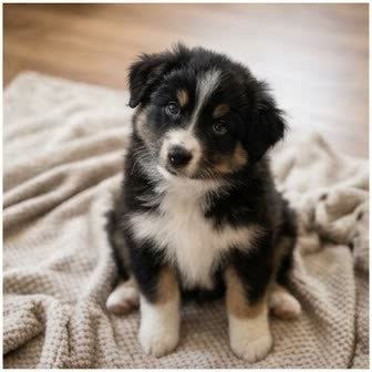 An Australian Shepherd resting in a cozy indoor setting