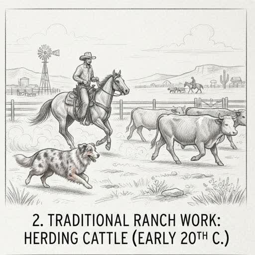 Illustrated sketch of an Australian Shepherd herding cattle on a ranch in the early 1900s
