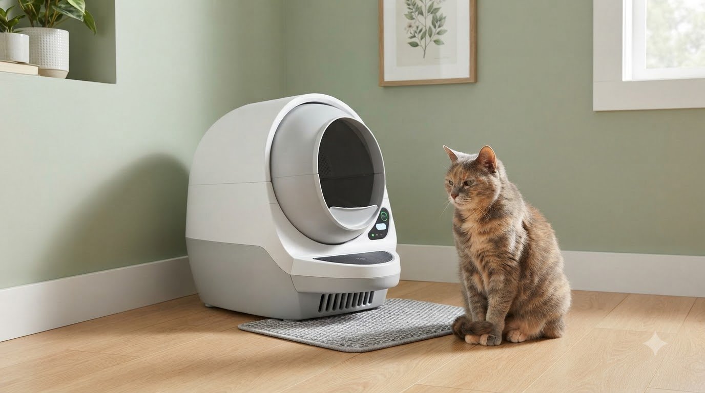 A modern automatic litter box in a home with a senior cat nearby