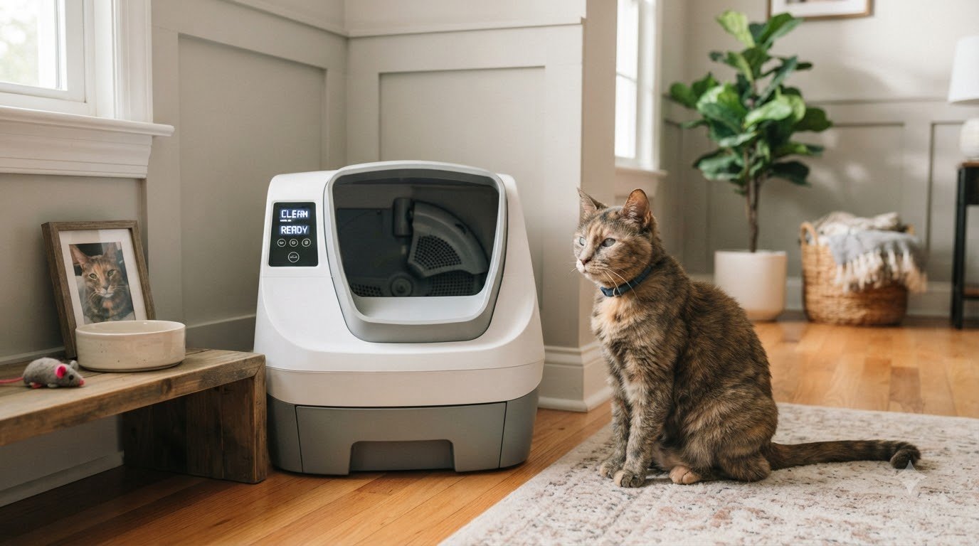A senior cat near a low-profile automatic litter box