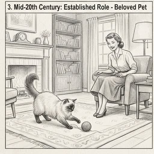 Illustrated sketch of a mid-20th-century Balinese cat as an established household pet