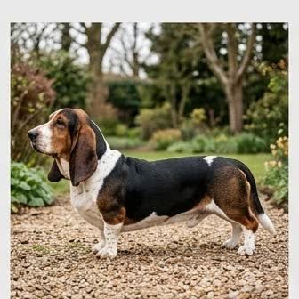 A Basset Hound standing outdoors
