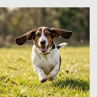 A Basset Hound running or playing outdoors