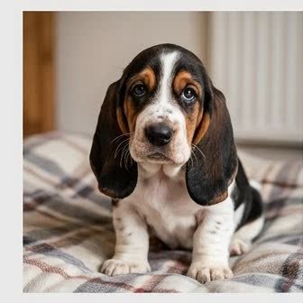 A Basset Hound puppy with a curious expression