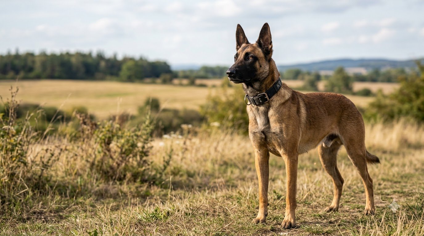 A Belgian Malinois with a fawn-mahogany coat standing alertly outdoors in a field