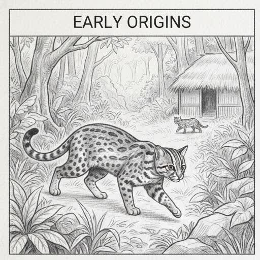 Illustrated sketch of an Asian leopard cat in the wild, an ancestor of the Bengal breed