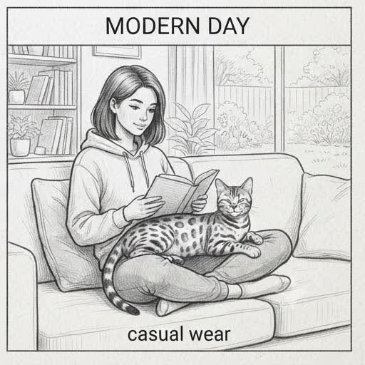 Illustrated sketch of a modern Bengal cat in a present-day home