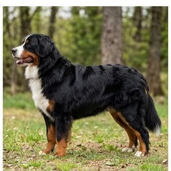 A Bernese Mountain Dog standing outdoors
