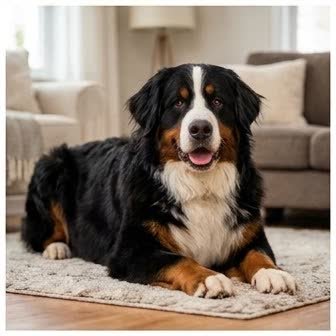 A Bernese Mountain Dog resting in a cozy indoor setting