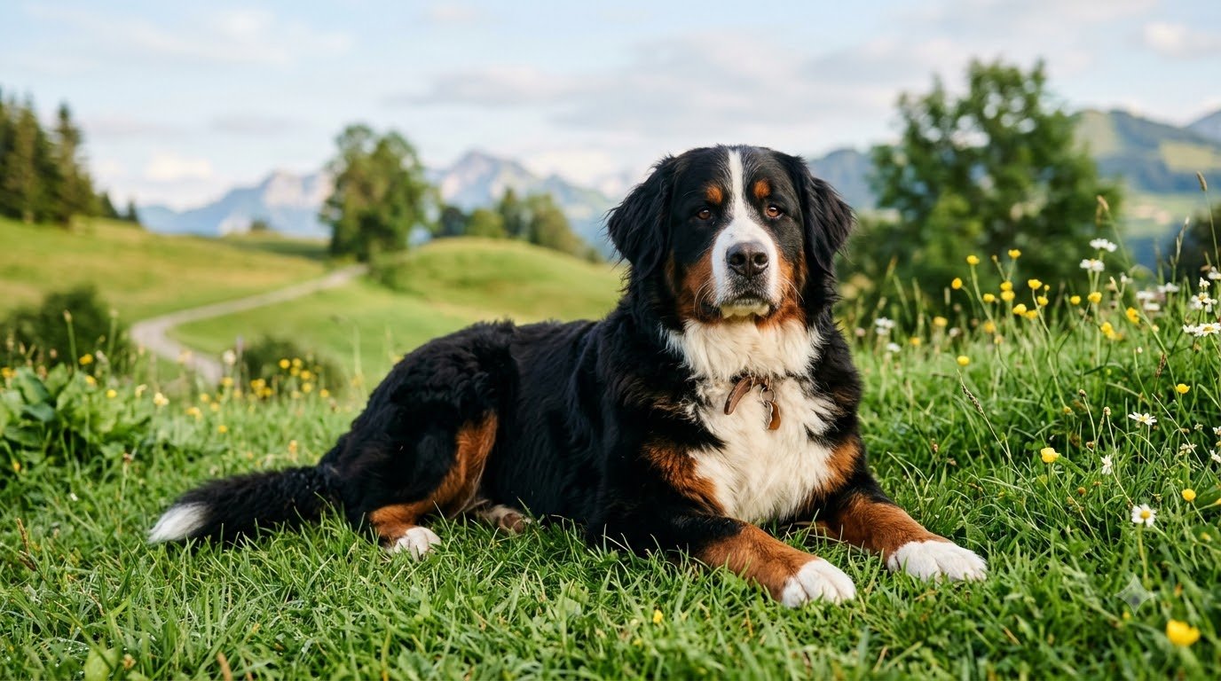 A Bernese Mountain Dog with a tricolor coat lying on grass outdoors