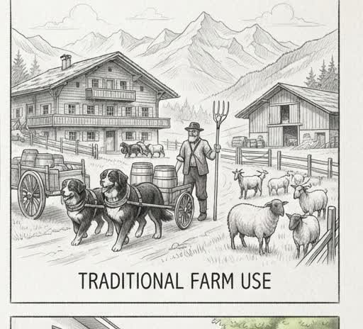 Illustrated sketch of a Bernese Mountain Dog on a traditional Swiss farm