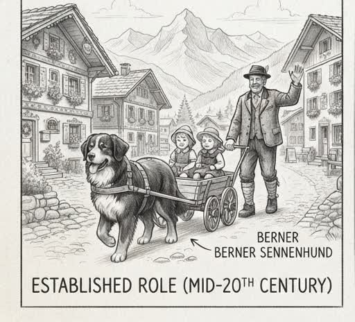 Illustrated sketch of an established Bernese Mountain Dog in a Swiss alpine village