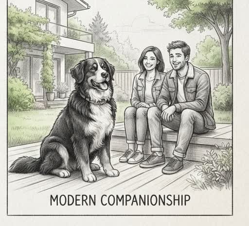 Illustrated sketch of a modern Bernese Mountain Dog with a family in a present-day home