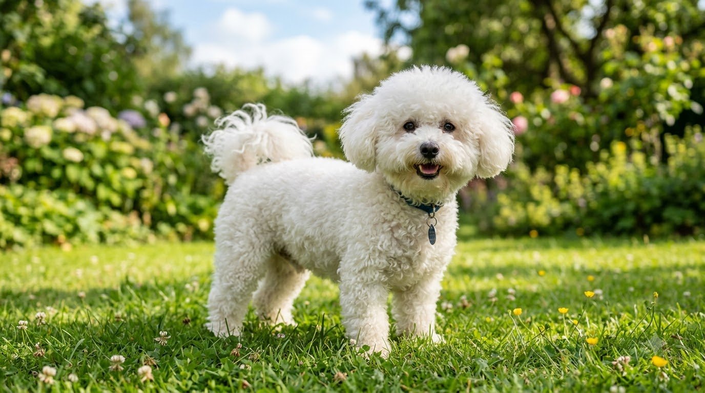 A Bichon Frise with a curly white powder-puff coat standing on grass outdoors