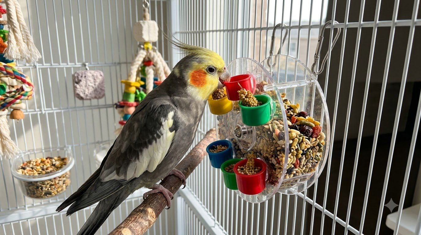 A parakeet using a puzzle feeder