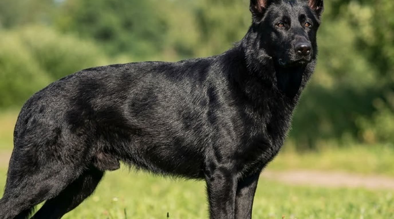 A solid black German Shepherd standing alert outdoors on grass