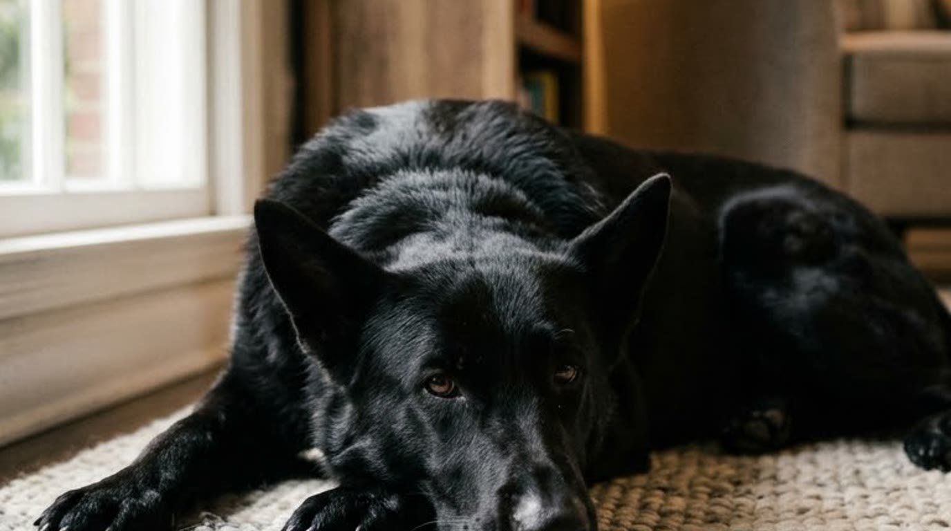 A solid black German Shepherd lying down calmly indoors on a rug