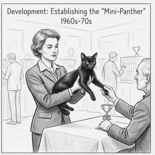 Illustrated sketch of an early Bombay cat at a cat show