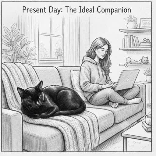 Illustrated sketch of a modern Bombay cat in a present-day home