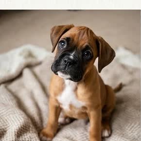 A Boxer puppy with a curious expression