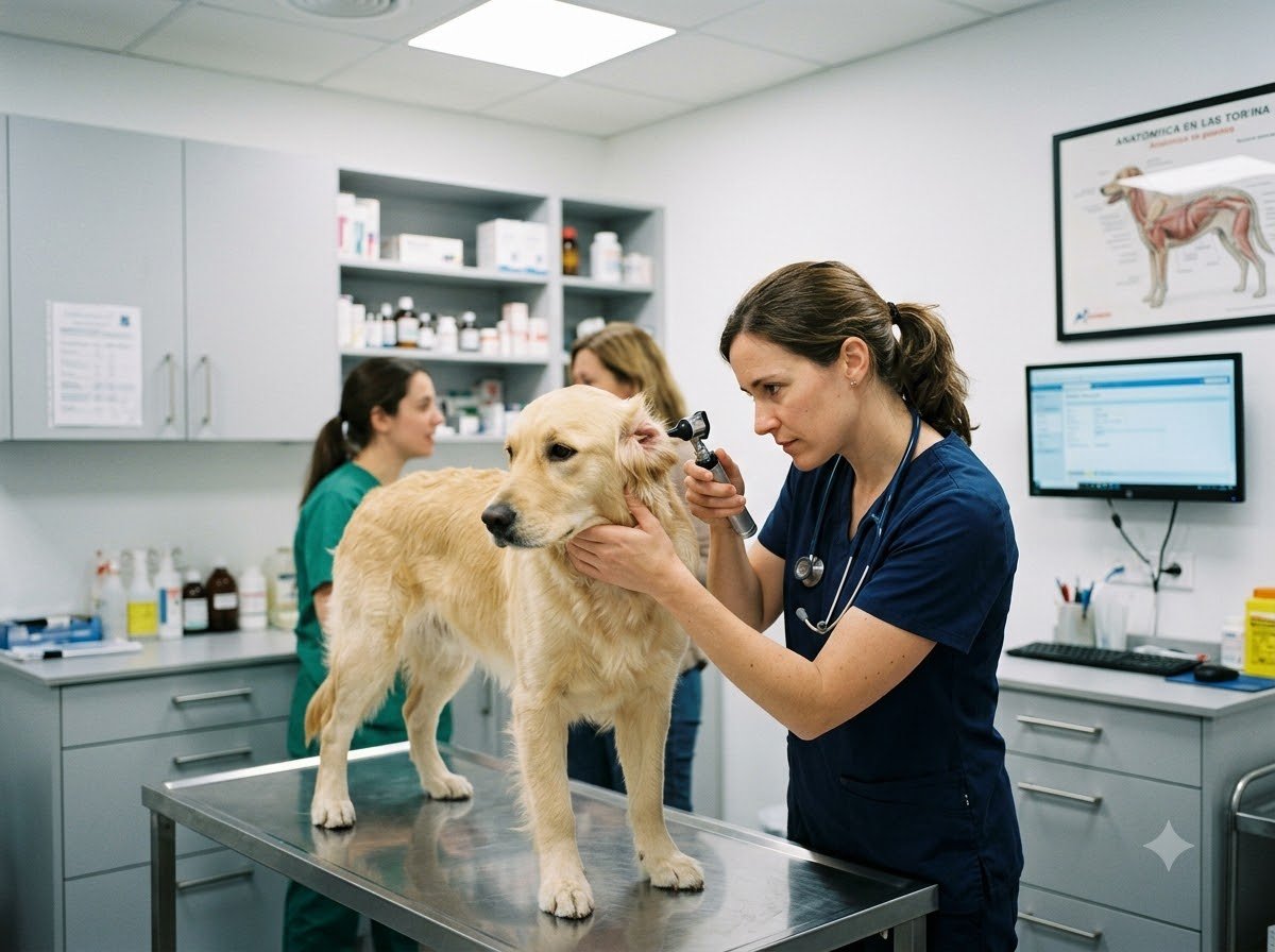 A veterinarian examining a dog on an exam table