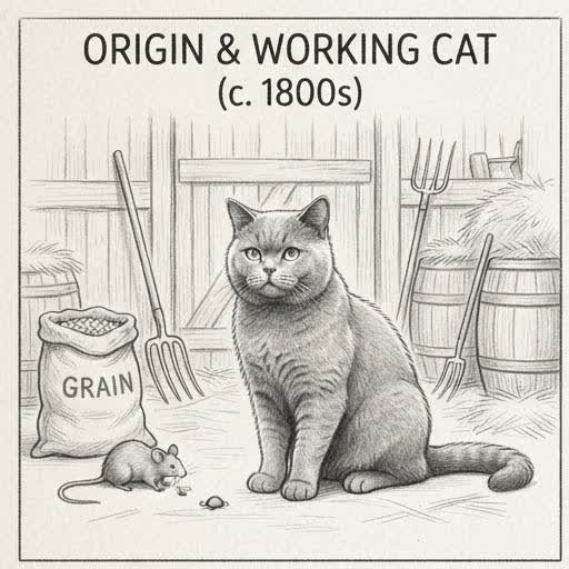 Illustrated sketch of an early British Shorthair as a working farm cat