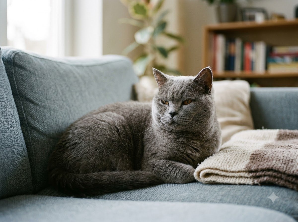 A British Shorthair cat sitting calmly indoors