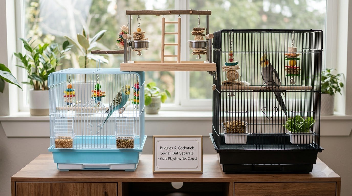 A budgie and a cockatiel in cages placed near each other