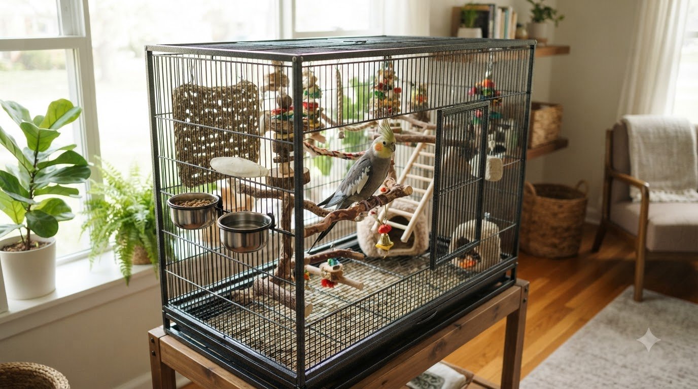 A cockatiel perched inside its cage
