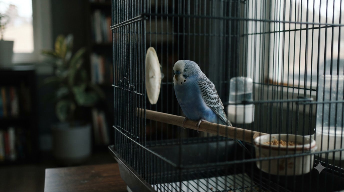 A subdued budgie perched quietly in its cage