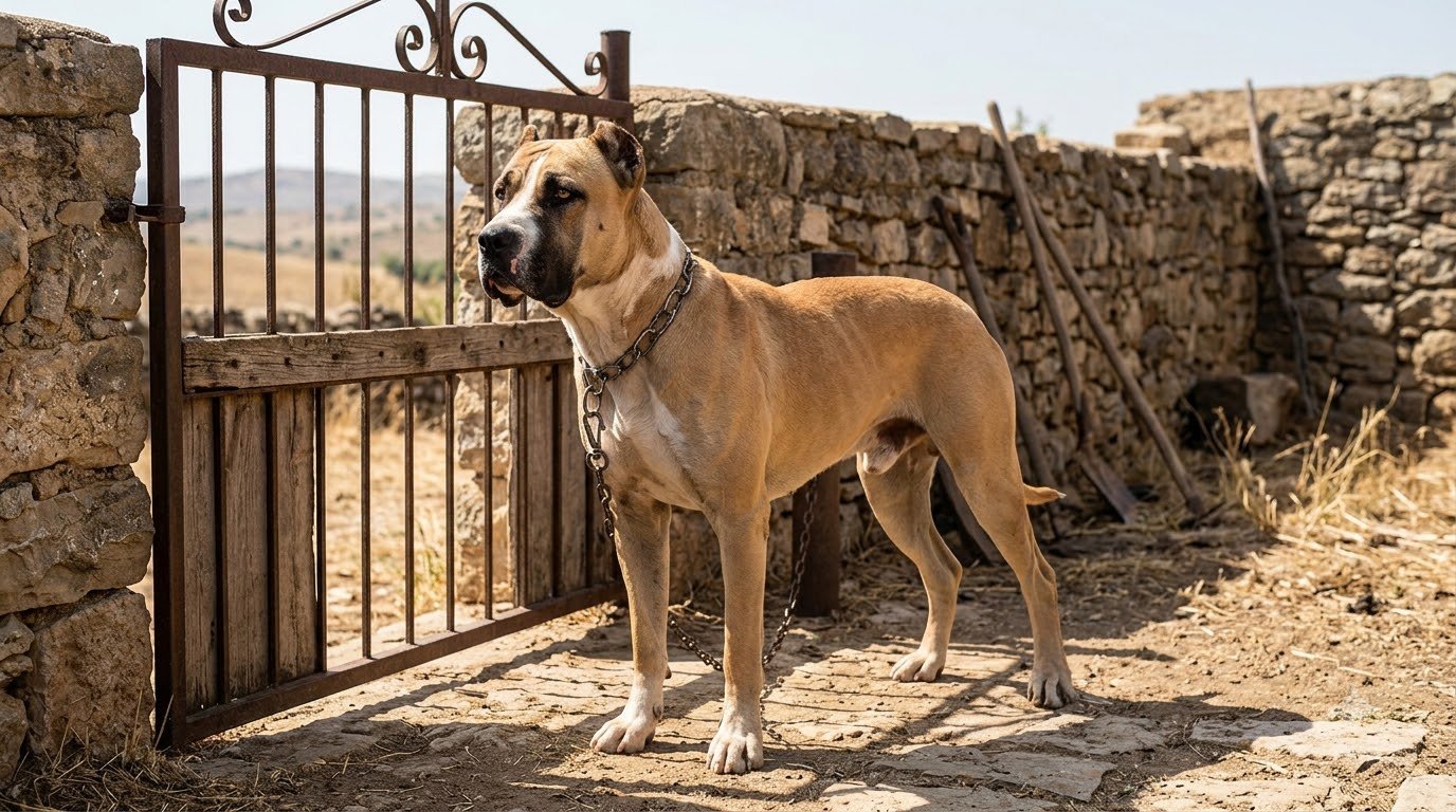 A Bully Kutta standing guard near a rural gate