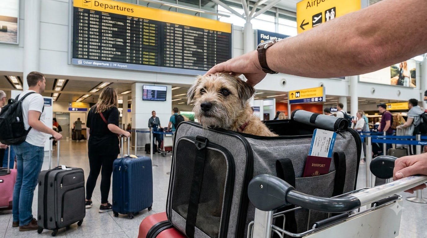 A small dog calm inside a travel carrier