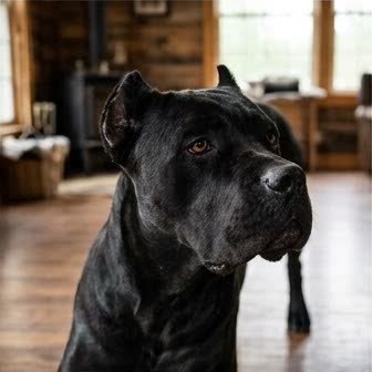 A Cane Corso resting in a cozy indoor setting